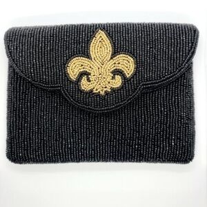 Black Beaded Clutch with Gold Fleur-de-Lis